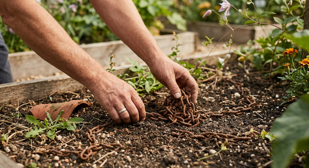 Hands removing rusty chain from garden soil with green plants