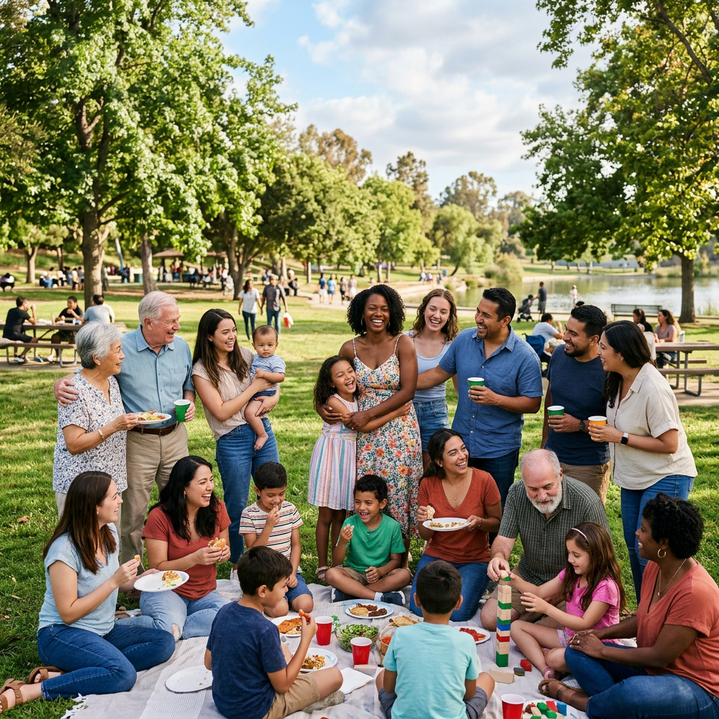 Diverse family having a picnic in a park by a lake with children playing and adults socializing