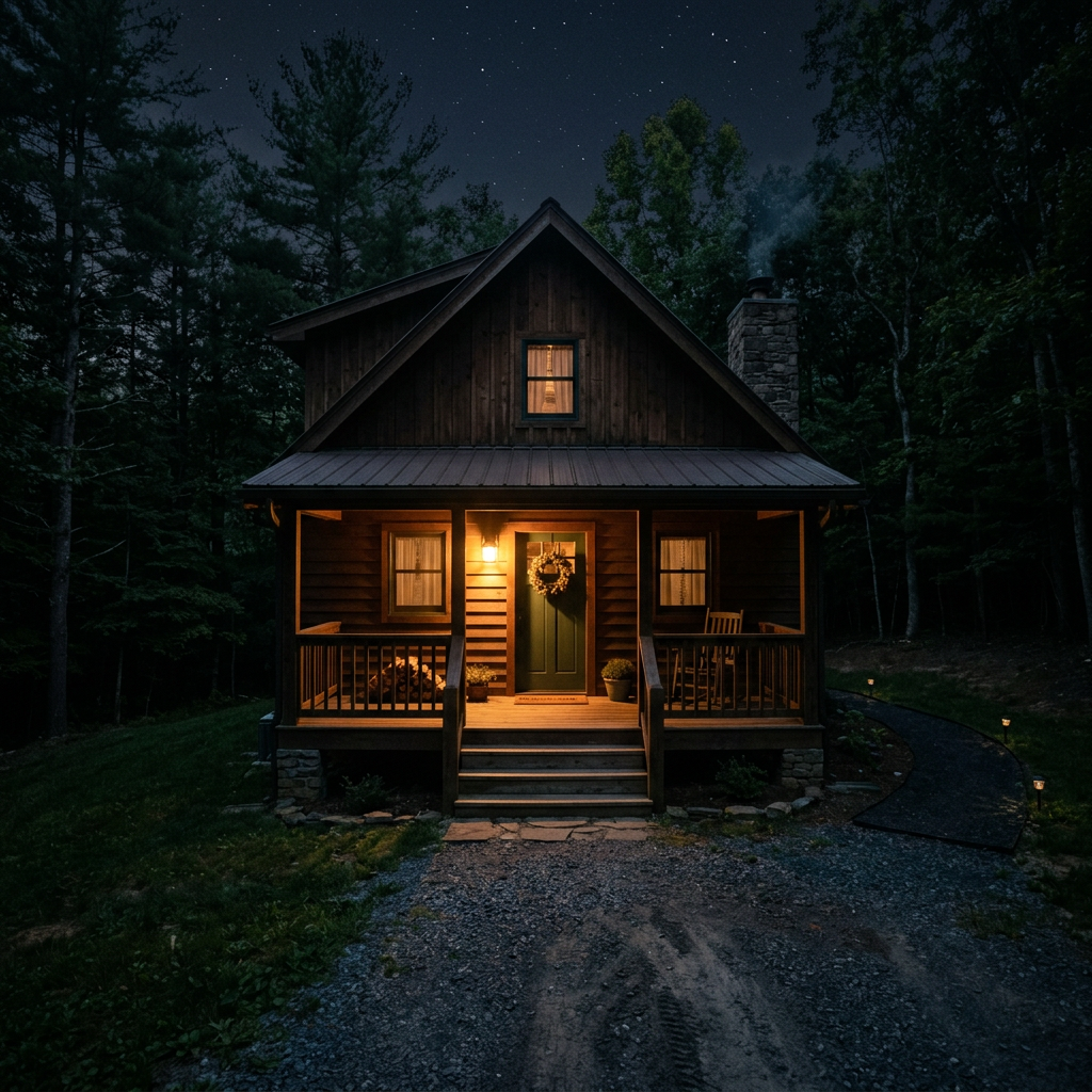 Wooden cabin with lit porch light and glowing windows at night in forest